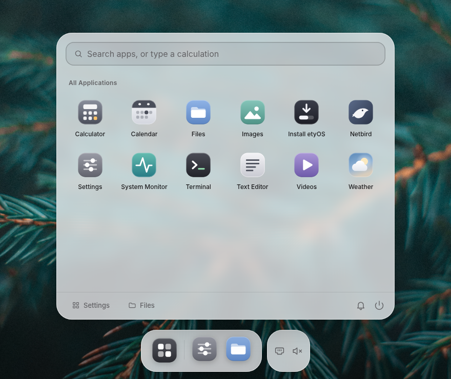 The etyOS launcher: a grid of applications rising from the dock