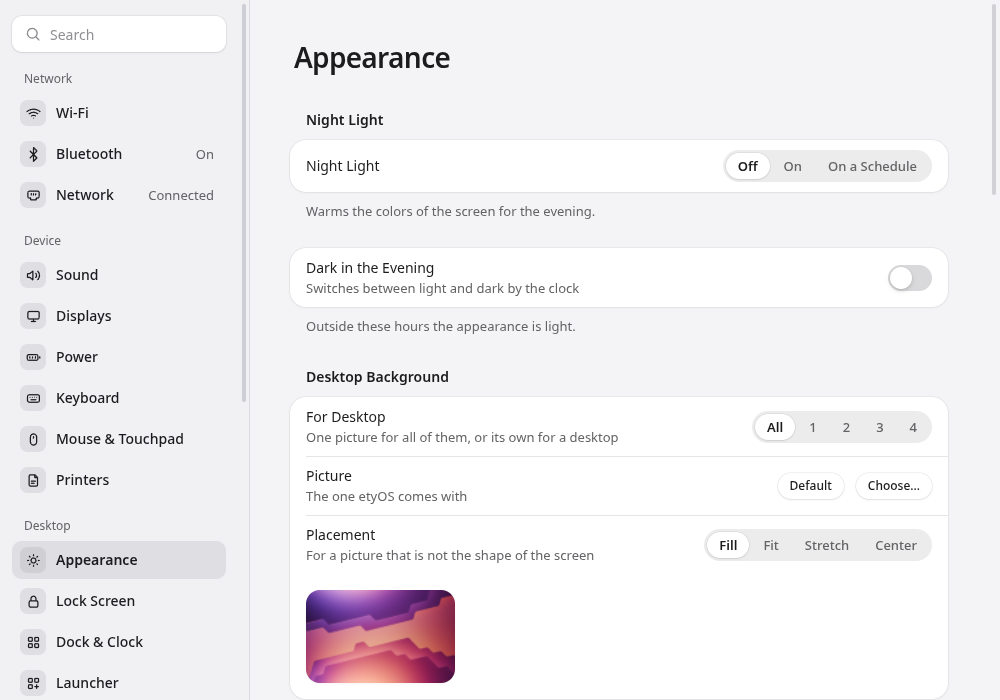 Settings: the Appearance page